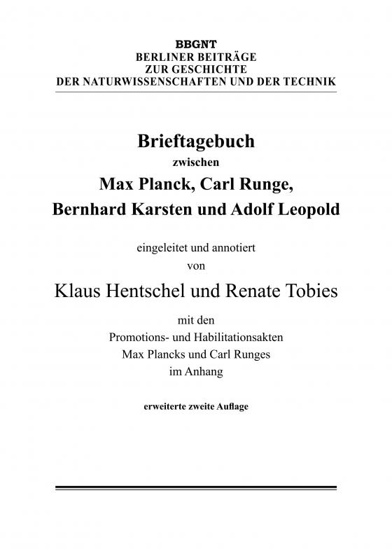 Cover-Bild Brieftagebuch zwischen Max Planck, Carl Runge, Bernhard Karsten und Adolf Leopold