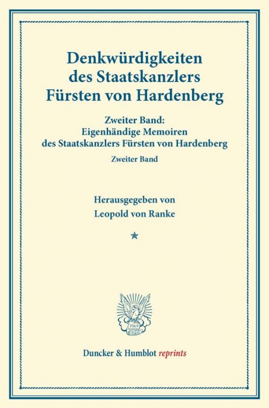 Cover-Bild Denkwürdigkeiten des Staatskanzlers Fürsten von Hardenberg.