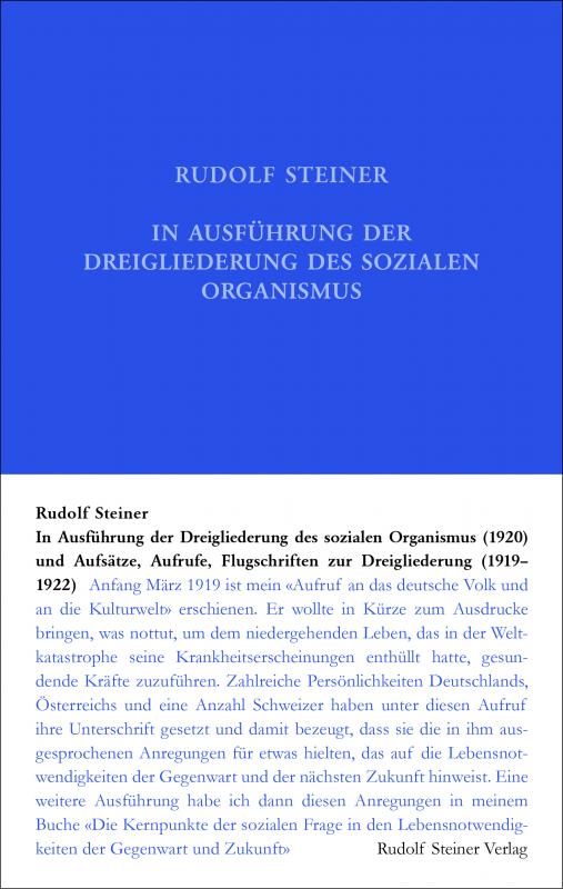 Cover-Bild In Ausführung der Dreigliederung des sozialen Organismus (1920) und Aufsätze, Aufrufe, Flugschriften zur Dreigliederung (1919–1922