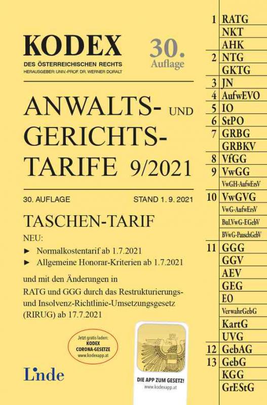 Cover-Bild KODEX Anwalts- und Gerichtstarife 9/2021