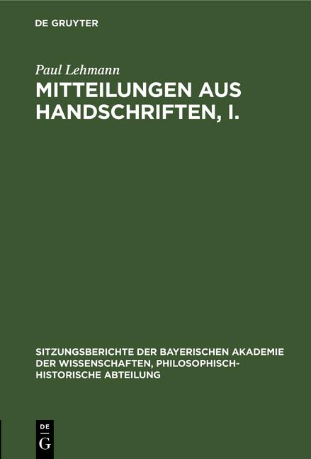 Cover-Bild Mitteilungen aus Handschriften, I.