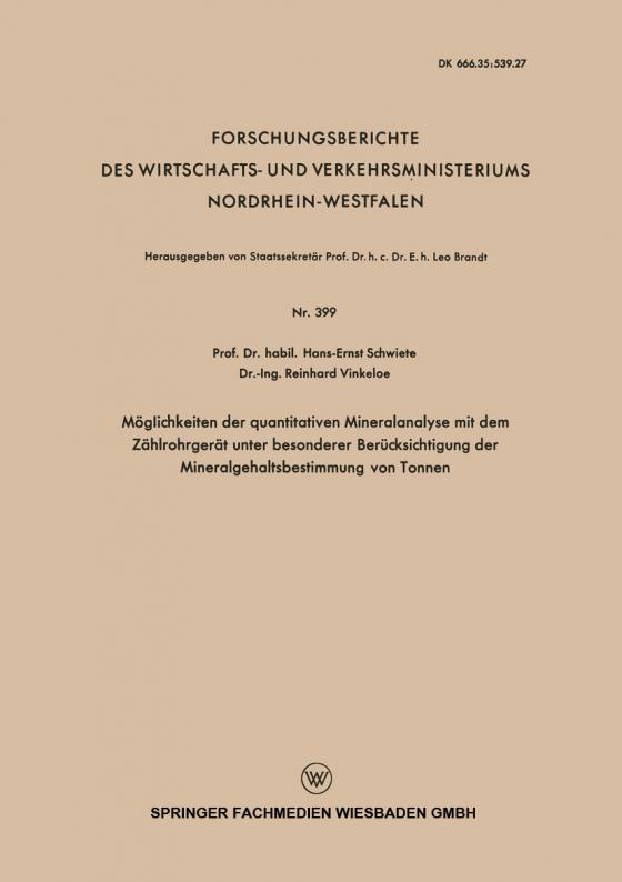 Cover-Bild Möglichkeiten der quantitativen Mineralanalyse mit dem Zählrohrgerät unter besonderer Berücksichtigung der Mineralgehaltsbestimmung von Tonnen