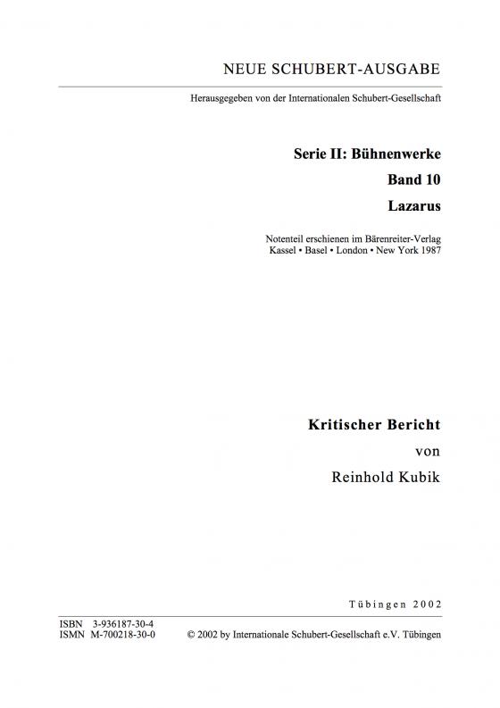 Cover-Bild Neue Schubert-Ausgabe. Kritische Berichte / Bühnenwerke / Lazarus